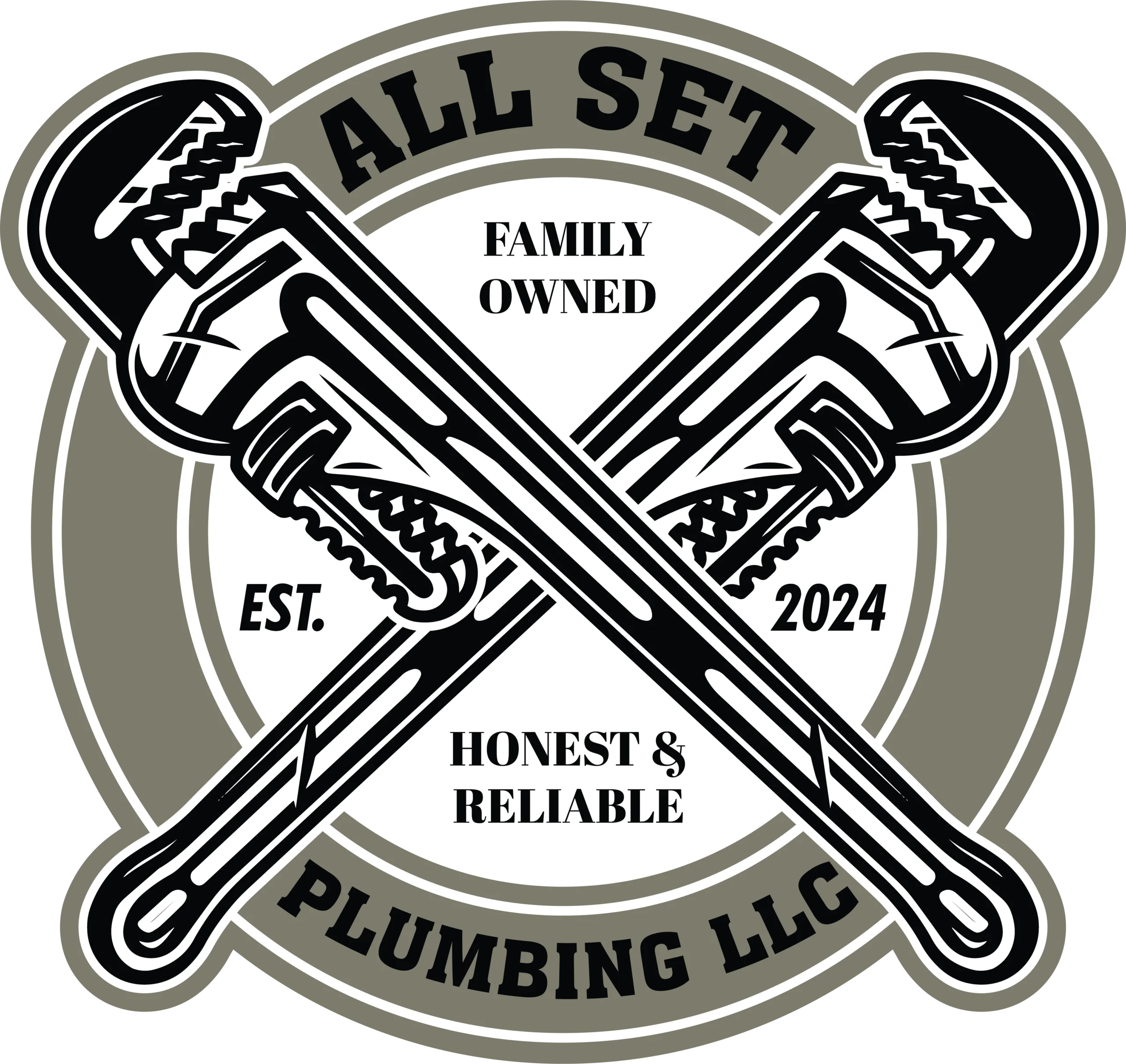 Logo for All Set Plumbing LLC featuring two crossed wrenches, the text Family Owned, Est. 2024, and Honest & Reliable in a circular design.